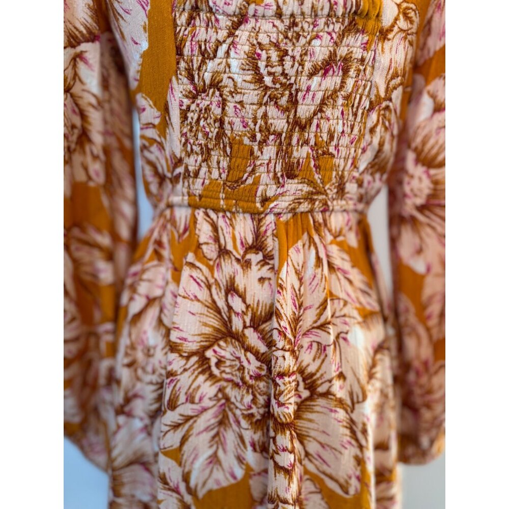NWT Small Band of the Free Boho Chic Long Sleeve Floral Dress Heather Gold - Picture 9 of 14